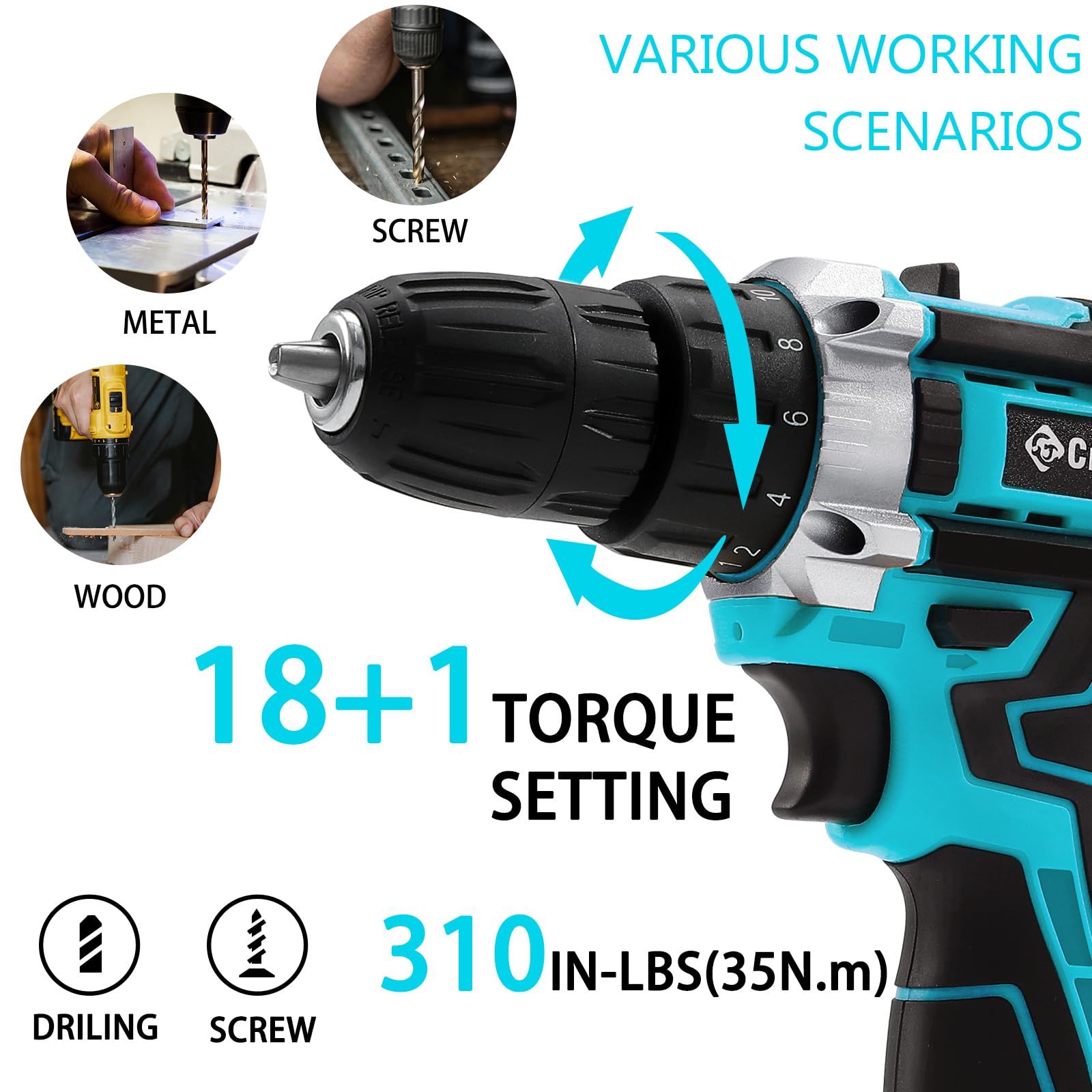 Creddux Cordless Drill Set 21v Power Drill Cordless With Battery & Charger, 84pcs Accessories Electric Drills Variable Speed, 3/8