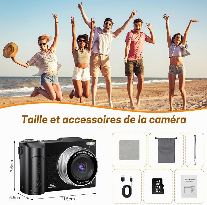 4K Appareil Photo Numérique 48MP Autofocus Compact Caméra avec 2.8'' Écran Rabattable 180° Digital Camera Zoom Numérique 16X avec Carte 32GB pour Adolescents Débutants Adulte (Noir) — photo 2 sur 7