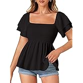 LYANER Women's Square Neck Smocked Peplum Top Ruffle Short Sleeve Babydoll Shirred Blouse