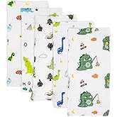 PENG'S M Baby Muslin Burp Cloths 5 Pack Dinosaur Burping Rags Super Soft Face Towel 100% Organic Cotton 20x10 Inches