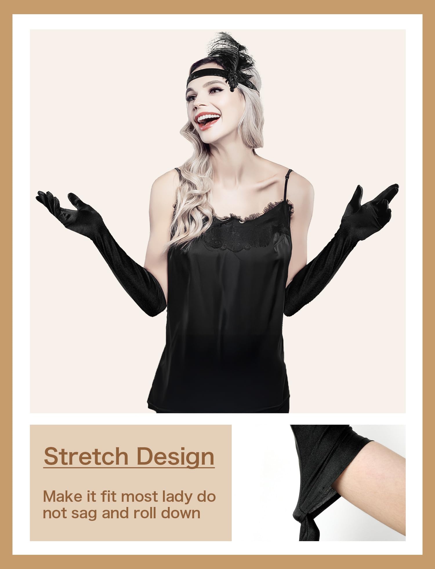 BEVTEE Long Black Gloves Women Formal, 2 Pairs Opera Gloves Costume, Stretchy Satin Gloves, 1920s Accessories, 20.8 Inch