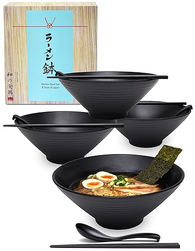 Sets (12 Piece) 57 Ounce Large Japanese Ramen Noodle Soup Bowl Melamine  Hard Plastic Dishware Ramen Bowl Set with Matching Spoon and Chopsticks for 