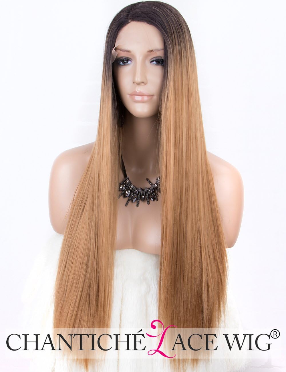 Chantiche Ombre Honey Blonde Lace Front Wig L Part Long Straight Syhthetic Wig Blonde with Dark Roots Lace Wigs for Women Heat Resistant 24 inches