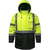DPSAFETY Reflective Jacket, High Visibility Parka, Waterproof Hi Vis, Safety Jacket with Removable Hood and Zipper, ANSI Class 3 (Lime,2XL)
