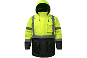 DPSAFETY Reflective Jacket, High Visibility Parka, Waterproof Hi Vis, Safety Jacket with Removable Hood and Zipper, ANSI Class 3 (Lime,Large)