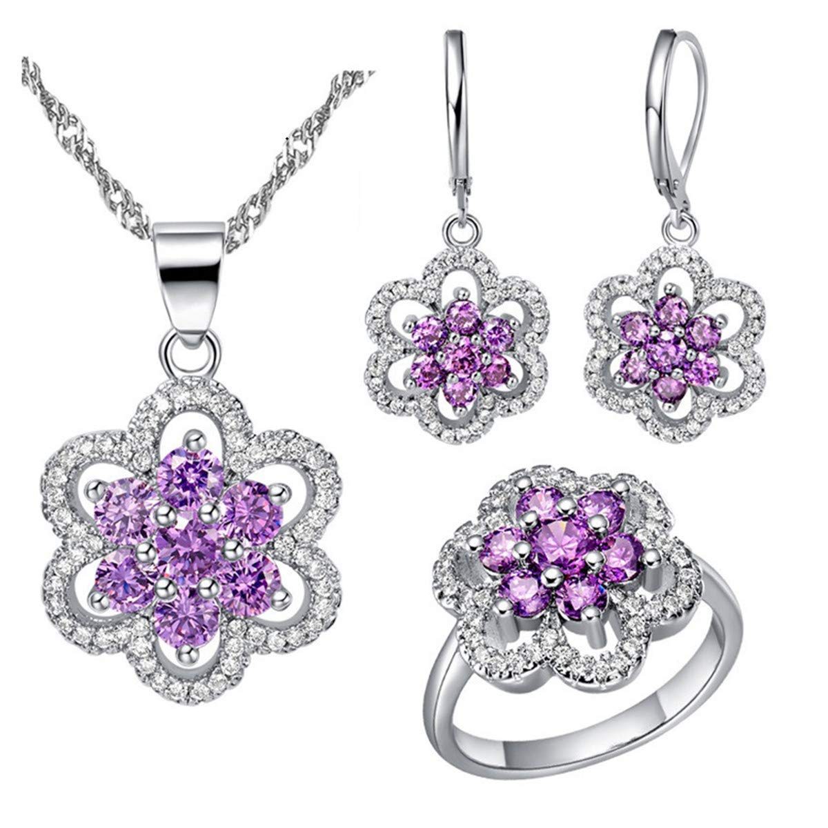 Uloveido Women's Platinum Plated Purple Flower Necklace Dangle Earrings and Cubic Zirconia Ring Wedding Party Jewelry Set T489 (Purple, Size S)