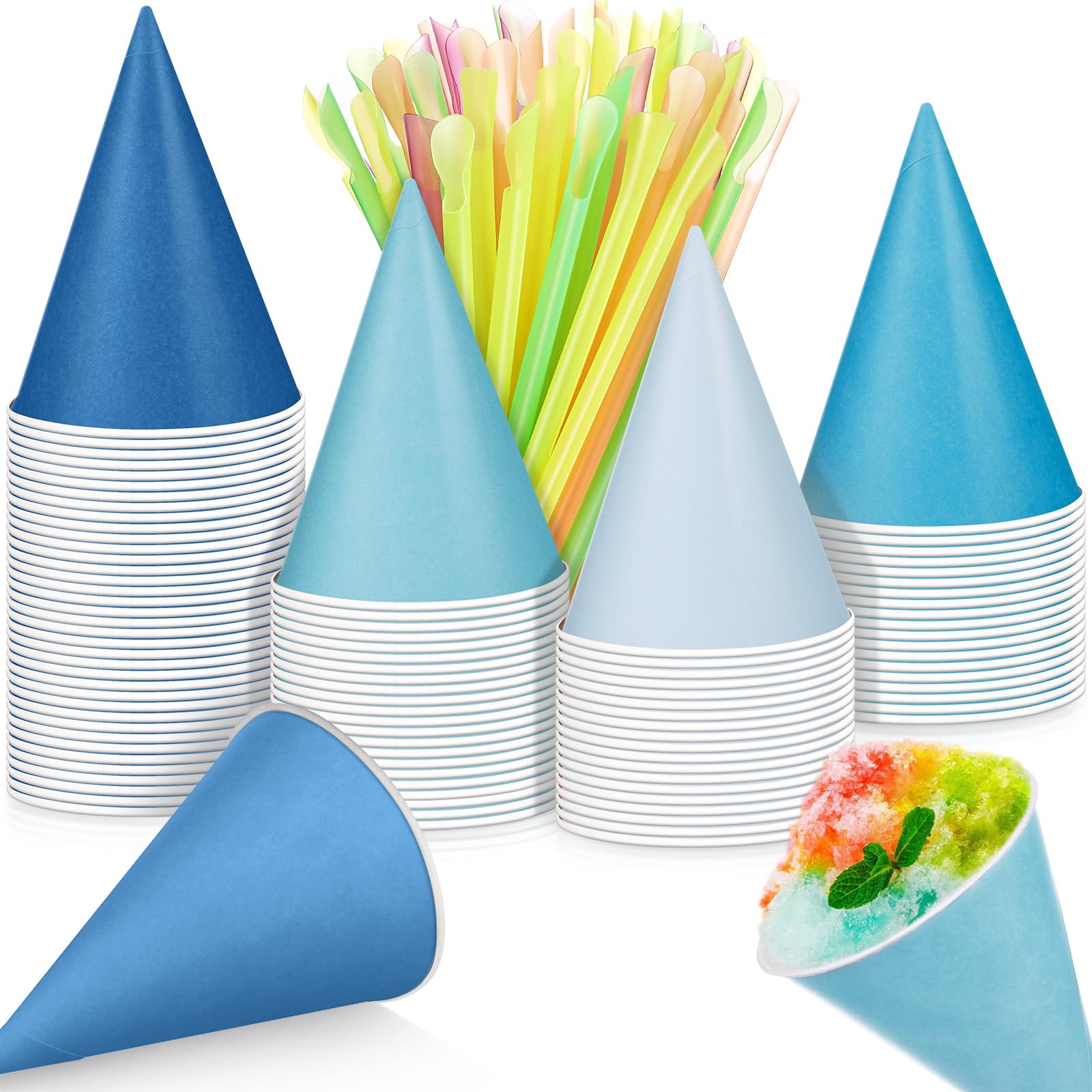 Photo 1 of Boao 100 Pieces Snow Cone Cups 4.5 OZ Leakproof Matching 100 Pieces Spoon Straws for Snow Cone Syrups Slush Shaved Ice Cream Sorbet Water(Gradient Blue,Elegant)