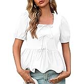 Tankaneo Womens Summer Peplum Babydoll Tops Square Neck Short Puff Sleeve Blouses Ruffle Cute Bow Shirts