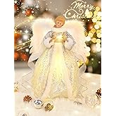 HOHOTIME 14'' Angel Tree Topper with White Feather Wings and Silver Skirt, Christmas Tree Topper with LED Light for Xmas Tree Top Decor Holiday New Year Home Ornament Decorations