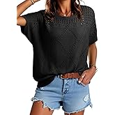 Dokotoo Women's Casual Crew Neck Short Sleeve Sweater Crochet Hollow Out Lightweight Sweaters Tops Fashion Clothing Outfits