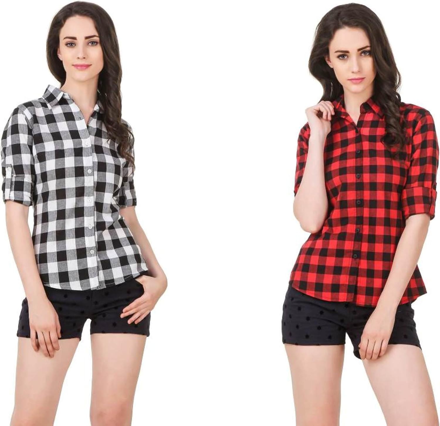 g.s.a enterprises women's full sleeve red/black and white/black check cotton combo of 2 shirts