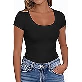 PALINDA Women's Short Sleeve Scoop Neck Fitted Shirts Basic Casual Stretchy T Shirt Workout Tops