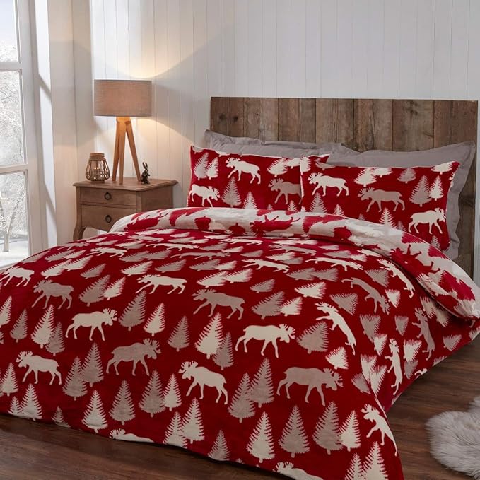 Winter Moose Red Flannel Fleece Bedding Set Super King Reversible