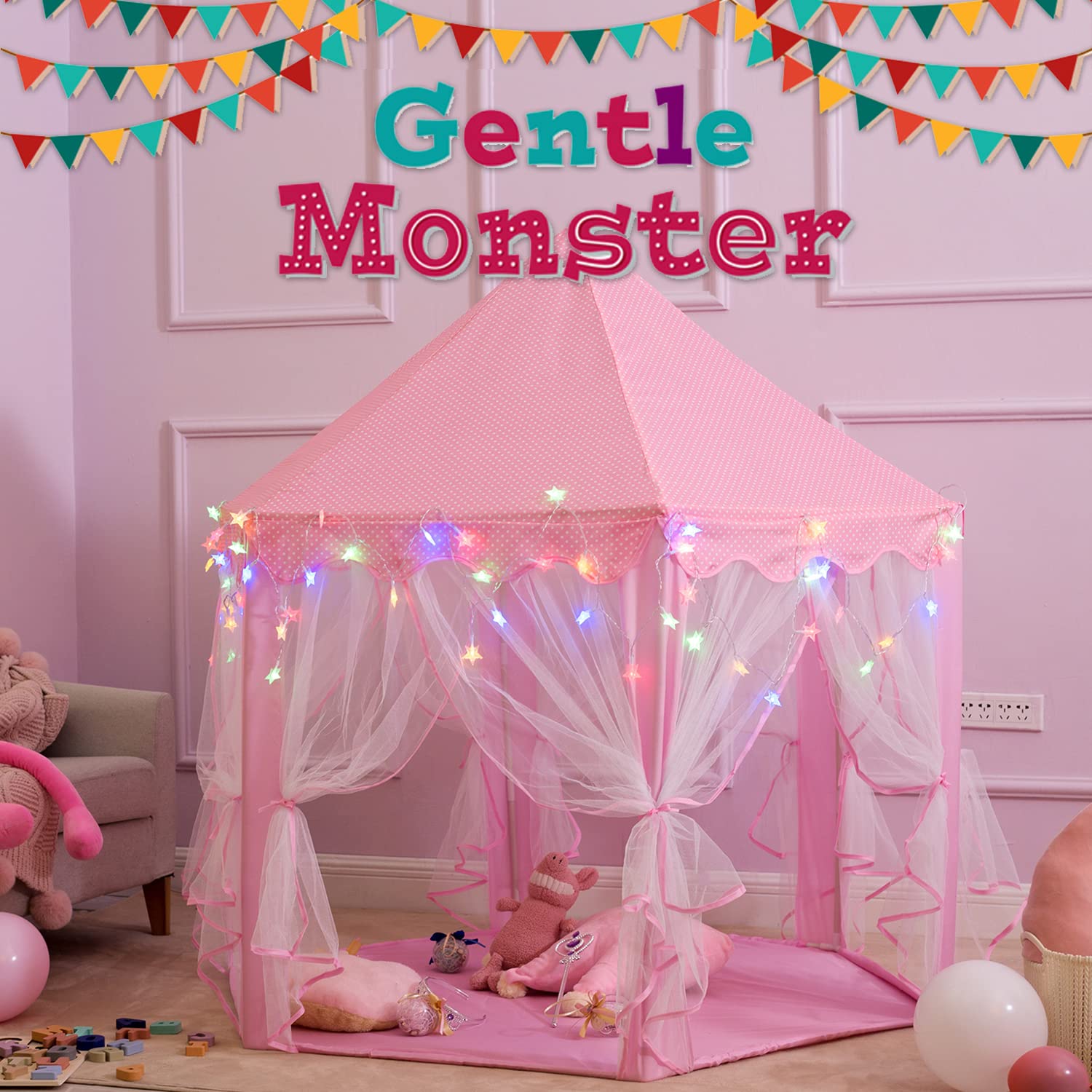 Princess Tent Girls Large Playhouse Kids Castle Play Tent with Star Lights, Bonus Princess Tiara and Wand Toy for Children Indoor & Outdoor Games, 55