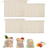 CEYAZYE 16 Pack Reusable Produce Bags, Mesh Vegetable Grocery Bag Washable, 100% Cotton Drawstring Net Storage Bags for Refrigerator, Shopping, Veggies and Fruits, Beach, Transporting, (4 Size)