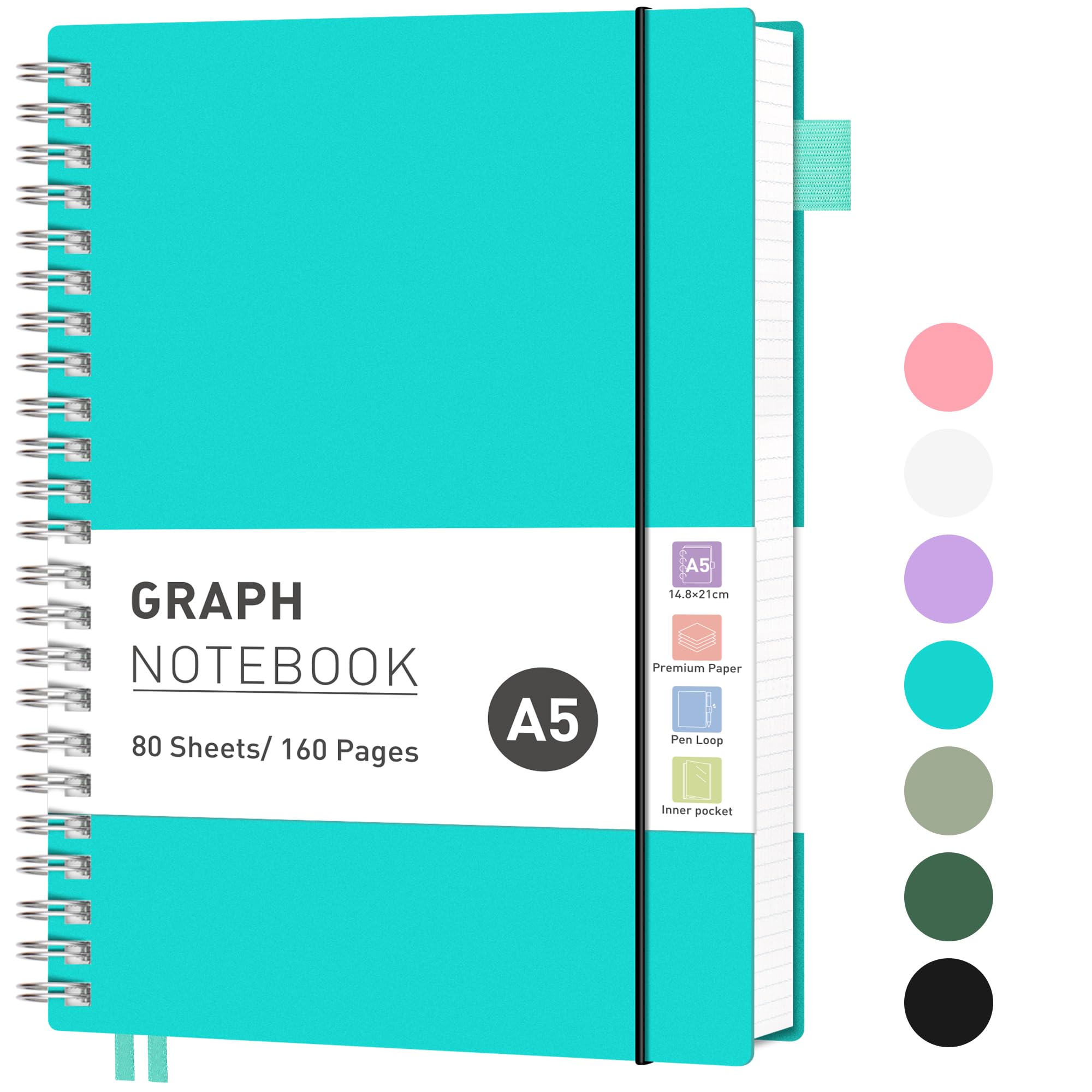 RETTACY Graph Grid Paper Notebook, 160 Pages, A5 Size (14.5 x 21 cm), 5mm per Square, 100 GSM Thick Paper, Flexible Plastic Cover, Spiral-bound, for School, Students, Math, Engineering (Turquoise)