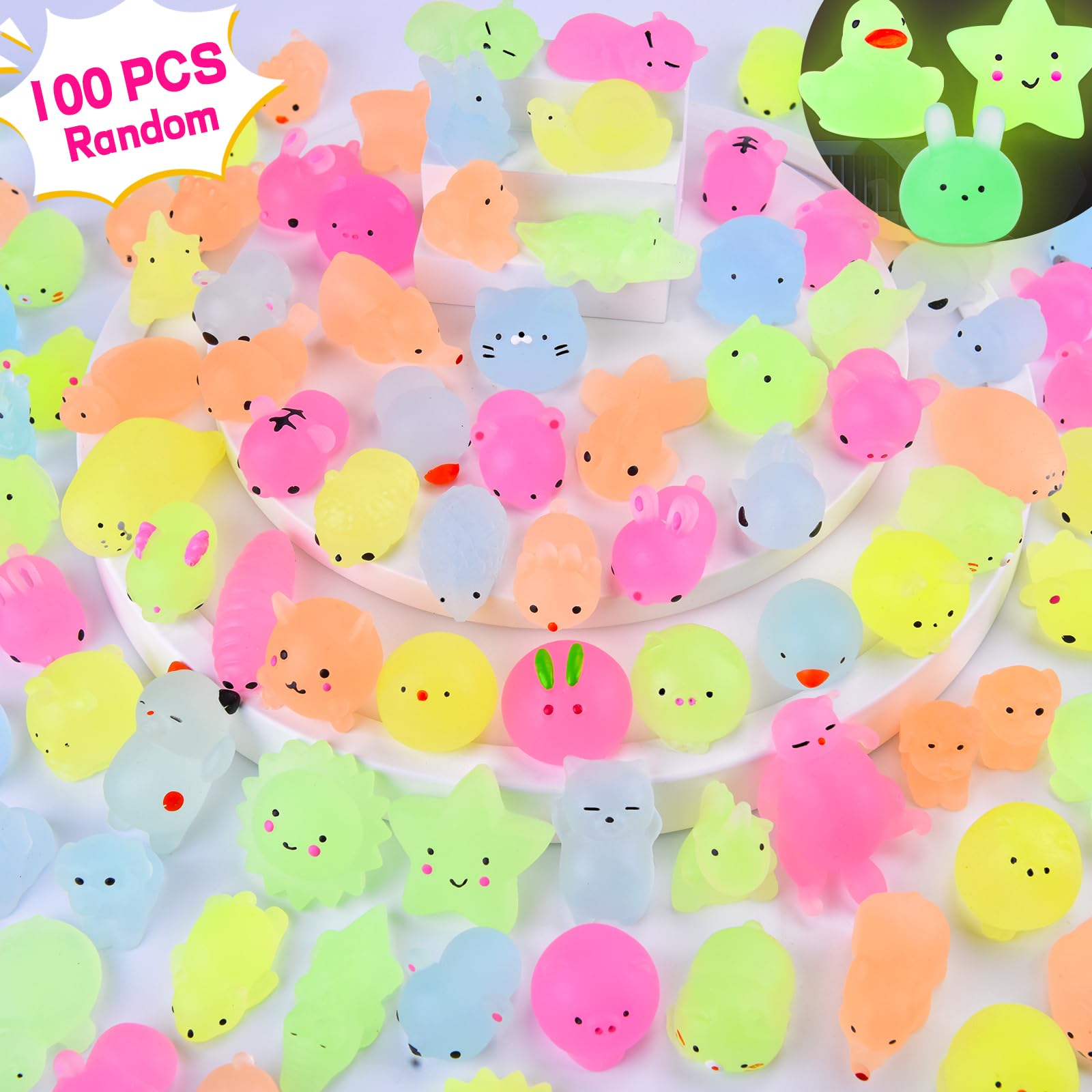 Squishy 100 Pcs Mochi Squishy Toys for Party Favors for Kids Goodie Bags Stuffers, Squishies Mini Stress Relief Toys Glowing in The Dark for Party Favors Classroom Prizes Birthday Gifts for Kids