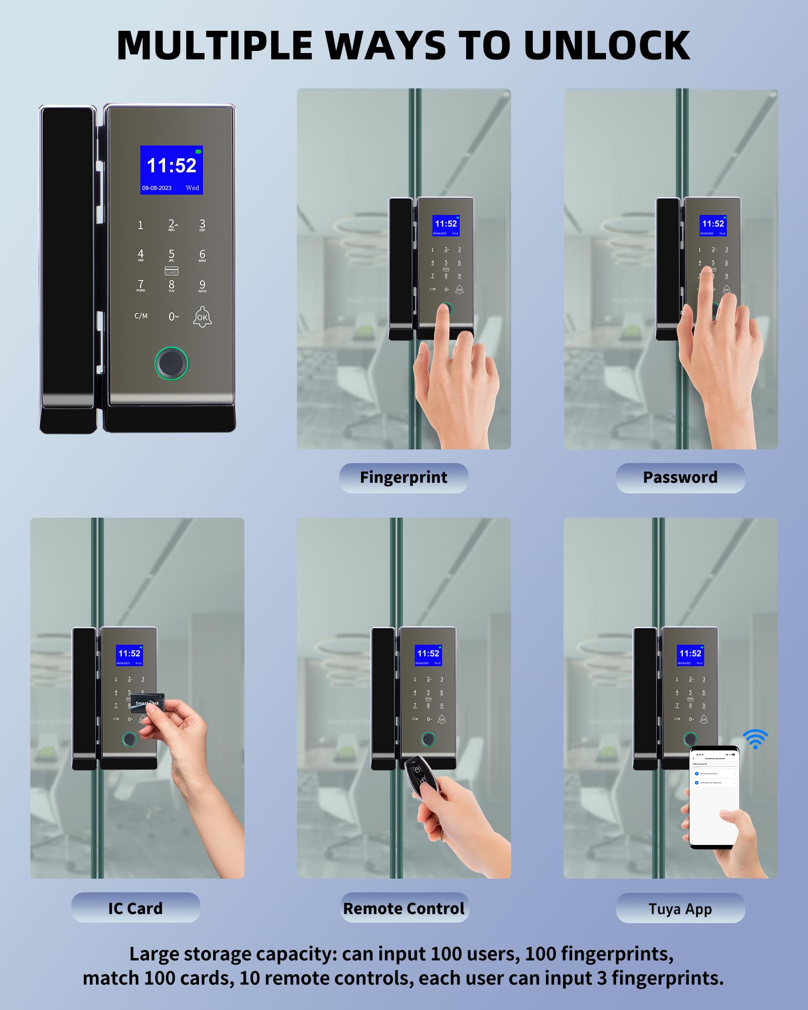 Perfiware Smart Glass Door Lock,Fingerprint Keyboard Remote Pin LG2315 with App Glass Door Locks,Drill-Free Door Lock Security,Great for Office,Home,Hotel,Apartment,Store