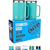 Insulated Mug with Handle and Lid - Stainless Steel Vacuum Coffee Cup, Set of 2, 20 oz - Large Double Wall Coffee or Tea Cup, Thermal Camping Mug Keeps Drinks Hot, That Keeps Beer Cold