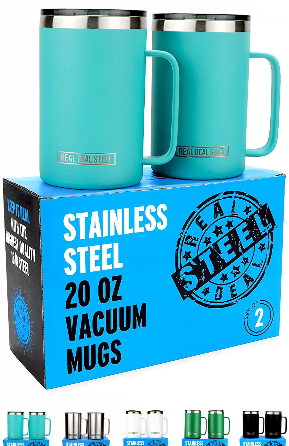 Stainless Steel Vacuum Insulated Mugs - 20 oz Large Double Wall Coffee or Tea Cup, Set of 2 w/Handle + Lid, Thermal Camping Mug Keeps Drinks Hot, Beer Mug That Keeps Beer Cold