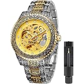FANMIS Men Automatic Skeleton Watch Stainless Steel Band Mechanical Watch | Men's automatic mechanical skeleton watch with engraved dial, luminous hands, stainless steel band and 30M water resistance.