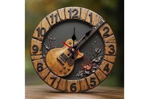 Nevjipu Decorative Wall Clocks Battery Operated - 10 Inch Modern Wooden Rustic Brown Guitar-B 2D Print Non Ticking Silent Wal