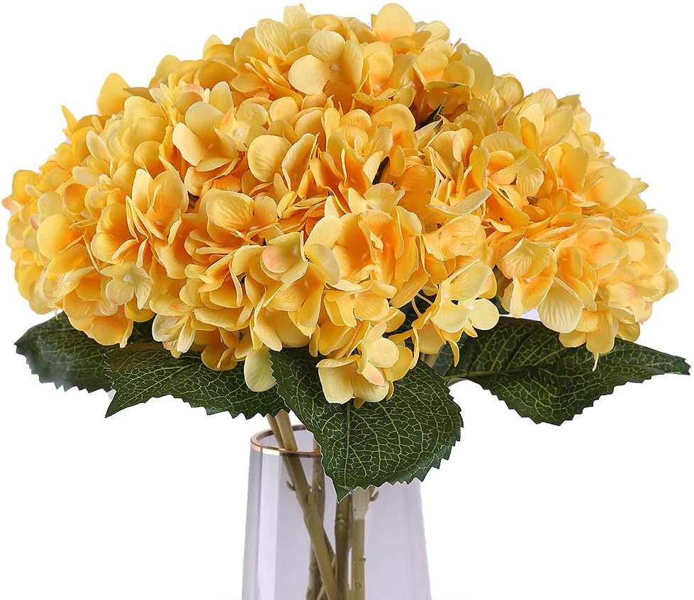 6Pcs Artificial Hydrangea Silk Flowers Bouquet Faux Hydrangea Stems for Wedding Centerpieces Home Decor (Yellow)
