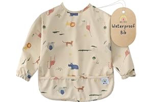 ARI MES Long Sleeves Waterproof Baby Bibs for Eating - Animals, Medium- Wearable, Coverall for Toddler, Long Sleeve Bib, Smock Apron for Feeding - Applicable for 6-72 Months