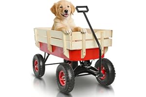 VISRACK All Terrain Wagons for Kids Wagon with Removable Wooden Side Panels Garden Cart Heavy Duty with Steel Wagon Bed Folding Wagons for Pets Ideal Gift for Kids Halloween Christmas,Red