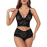 Lilosy Sexy Lace Pajamas Lingerie Set High Waist Sheer Sleepwear Bow Ties Cami Shorts Bra and Panty