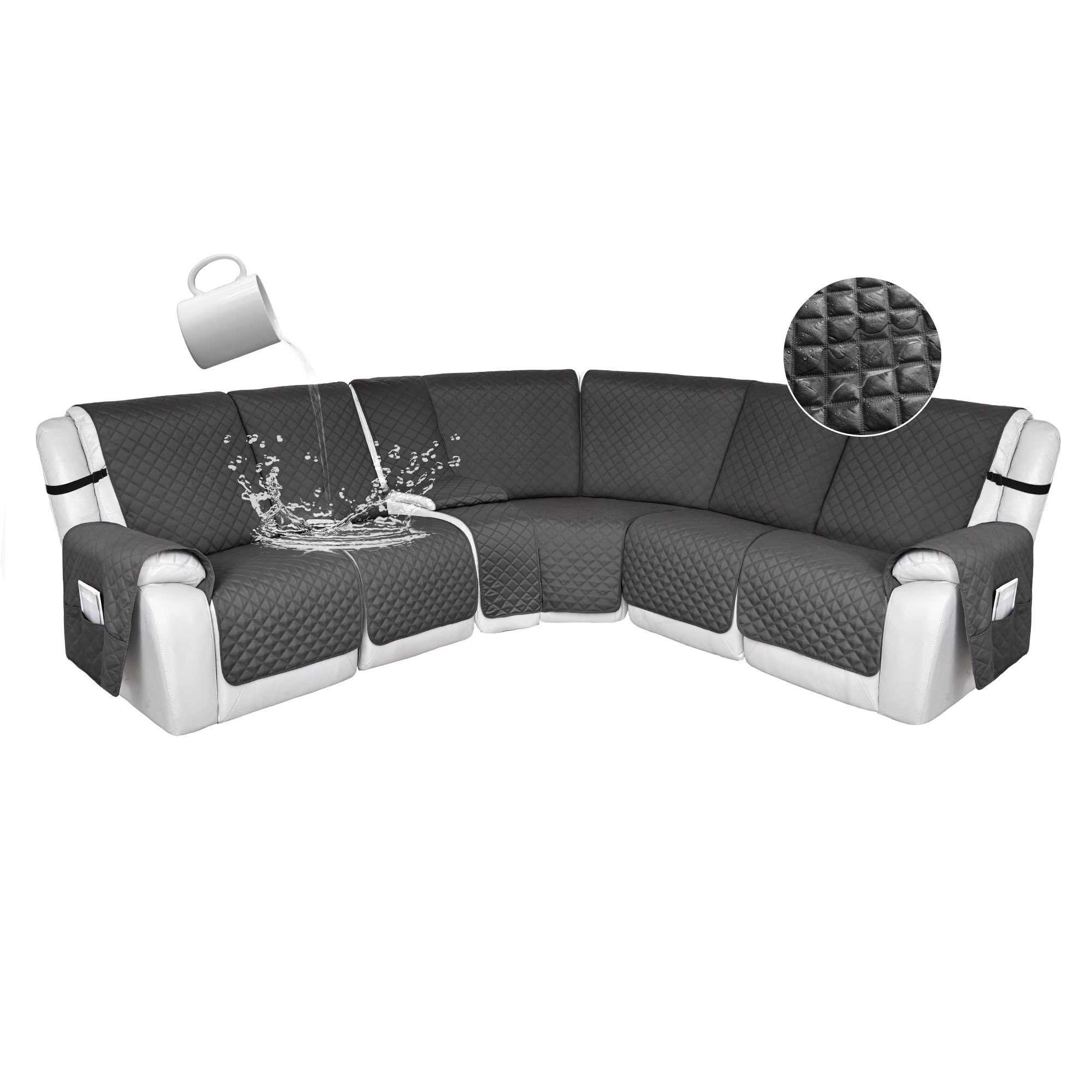 Photo 1 of HDCAXKJ 100% Waterproof Reclining Sectional Couch Covers L Shape Recliner Sofa Cover Washable Quilted Soft Pet Dog Corner Recliner Slipcovers with Pockets (5 Seat and 1 Middle Console, Dark Gray)