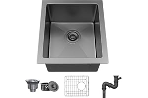 YITAHOME Black Kitchen Sink 15in Bar Sink 16 Gauge Stainless Steel Undermount Sinks, Nano Gunmetal Black Small Single Bowl Sink with Grid for Workstation, RV, Prep Kitchen 15 x 17 x 10 in