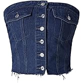 CIMUK Women's Denim Tube Tops Button Front Raw Hem Smocked Back Crop Strapless Bandeau Top
