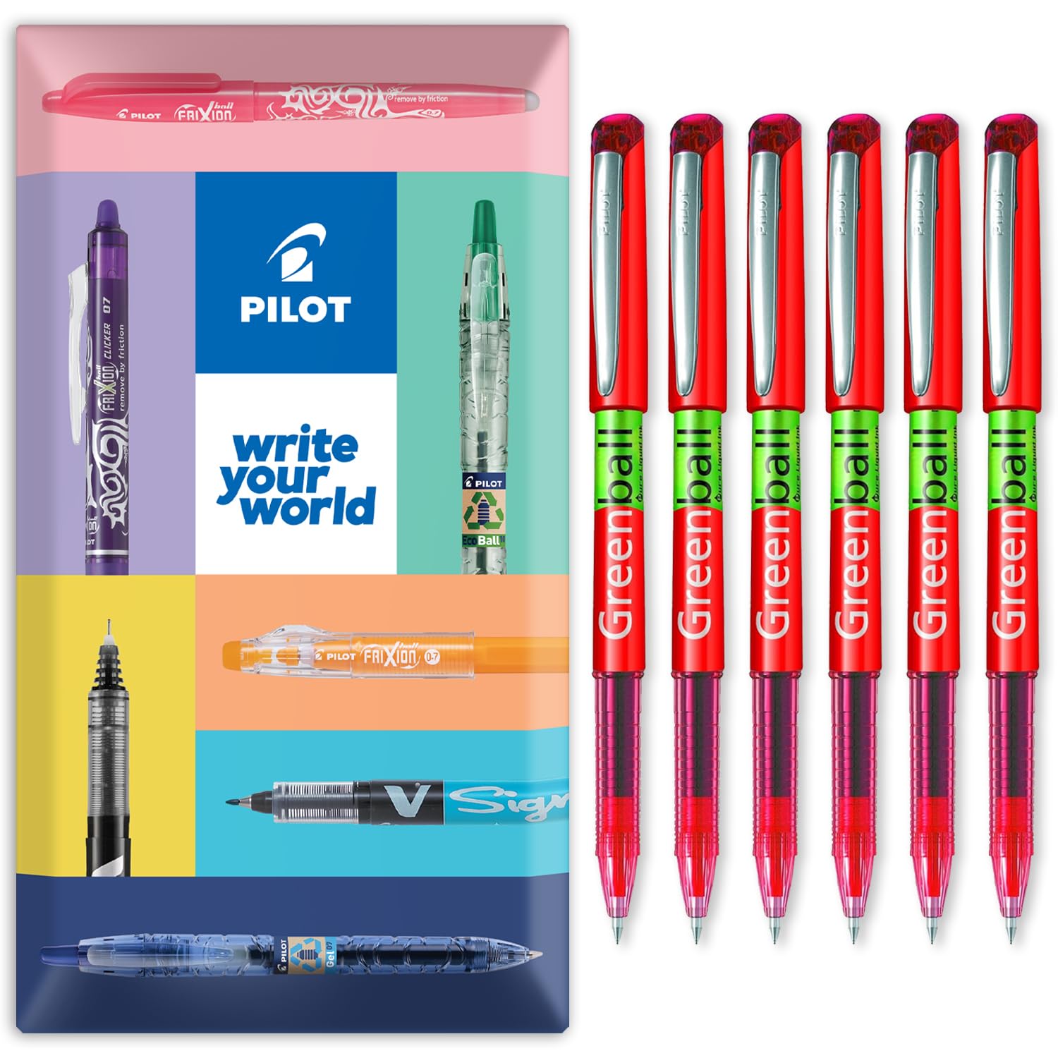 PILOT GreenBall Liquid Ink Rollerball Pen - Begreen Range 89% Recycled - Pack of 6 Pens - Medium 0.7mm Nib - Ideal for Writing, School, Home, Revision, Office - In Envelope Gift Packaging (Red)