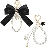 Tyqour 2Pcs Cute Bow Purse Keychain Bag Charms for Women, Pearl Wristlet Keychain, Ribbon Key Chain for Women Girls Friends Pearl Bag Charm for Purse Handbags Backpack