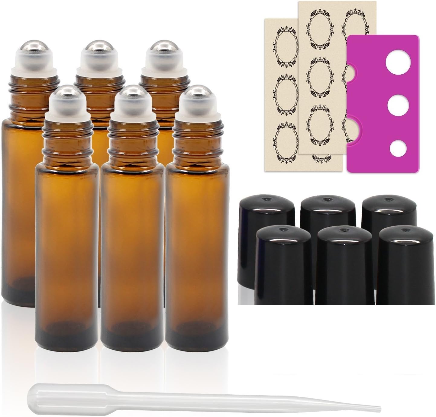 True Aroma, 6 pcs, 10ml Amber Glass Roller Bottles with Stainless Steel Roller Ball for Essential Oil - Includes 6 Pieces Labels, Essential Oils Opener, 1 Droppers (6pc Amber Set)