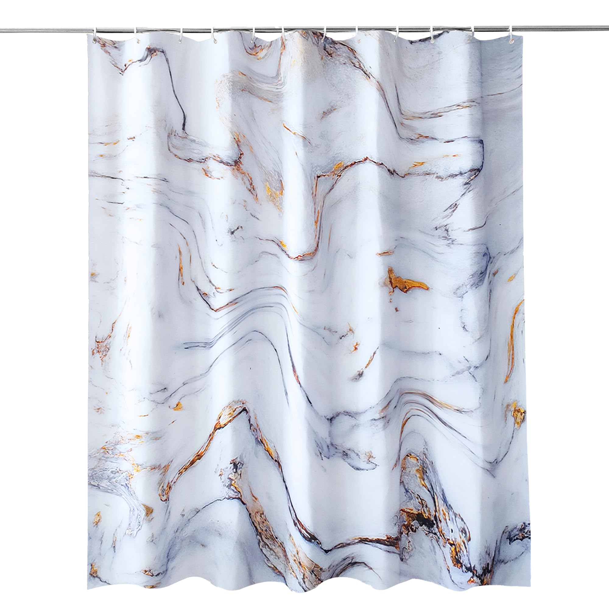 WedDecor Bathroom Shower Curtain Waterproof Anti Mould Mildew Resistant, Heavy Duty 100% Polyester Fabric Curtains Liner with 12 Curtain Hooks, 180cm x 200cm, White & Grey Marble Pattern