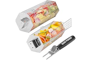 QIAN POWER Grill Baskets 2PCS 304 Stainless Steel with Removable Wooden Handle Hexagon Design for BBQ Camping & Outdoor Cooking Accessories, Great Gift for Grill Lovers