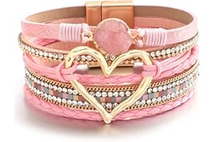 hotoo Leather Wrap Bracelet for Women Beaded Cuff Bracelet with Heart-shape Decor Bohemian Crystal Bracelet Jewelry with Clasp Bangle Bracelet for Women Girls Birthday Holiday Gift