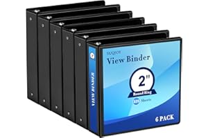 SUQJOY 2 Inch 3-Ring Binder, 2" Round Ring Binder with 2 Inside Pockets, 6 Pack Black Binders, Clear View Cover, Holds Up to 450 Sheets 8.5" x 11" Paper，Study Binders for Office/Home/Back to School