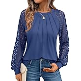 AUTOMET Womens Long Sleeve Shirts Pleated Lace Tops Fall Fashion Outfits Business Casual Blouses