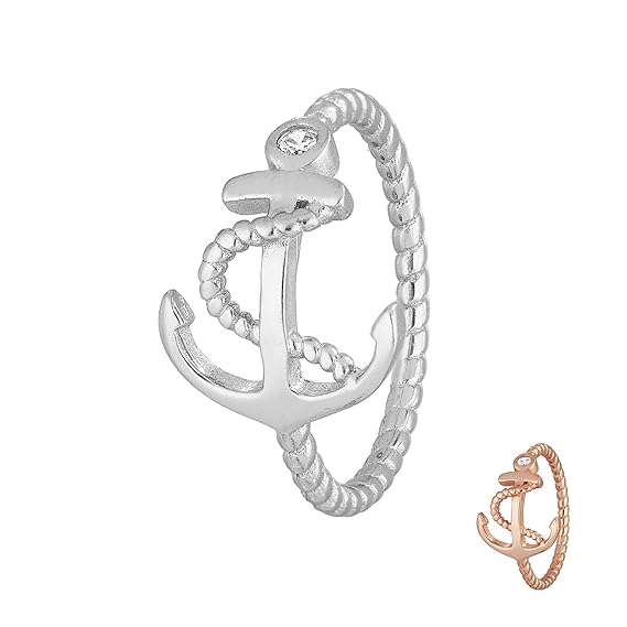 Treuheld® | 925 Sterling Silber Ring mit Anker und KRISTALL - Silber oder Rose-Gold - Seil-Optik - Strass Damen-Ring mit Zirk