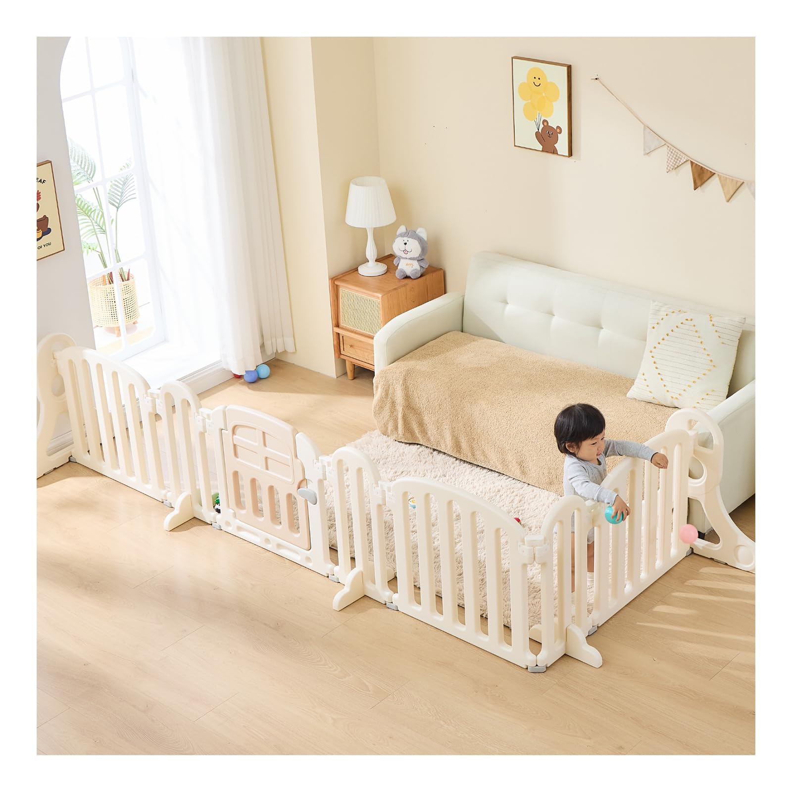 ＧＵ ＭＯＤＥ ベビーゲート 置くだけ ベビーサークル キッズパーテーション ベビーフェンス ペットゲート 簡単設置 折りたたみ ロングパネル おしゃれ (ピンク・ベージュ, 幅357cm)商品画像