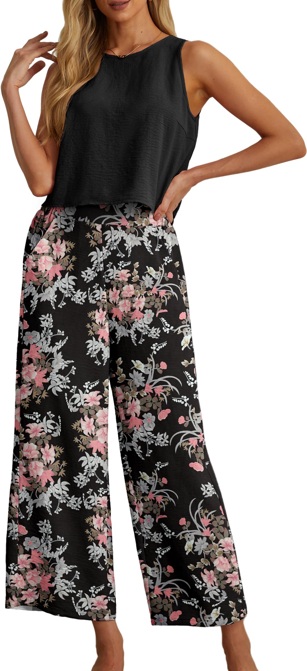 Photo 1 of **MISSING TOP**
IWOLLENCE Women's Summer 2 Piece Outfits Set Round neck Sleeveless Tank Crop Top Wide Leg pants Set Pockets Jumpsuits Black Ishitake Large