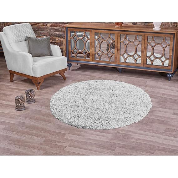 PANNOBELLO Shaggy Hochflor Teppich Hellgrau 120 x 120 cm, rund Langflor Teppiche Pflegeleicht Uni Farben Unifarben