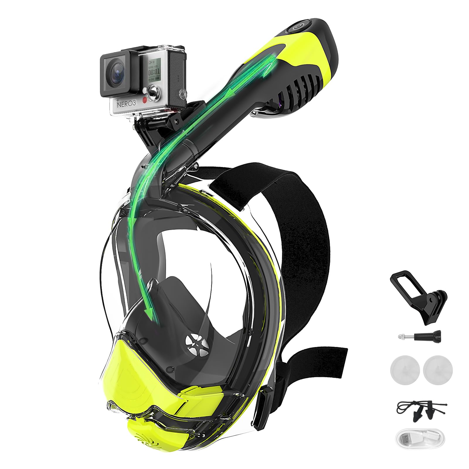Photo 1 of Electric Full Face Snorkel Mask Adult, Snorkeling Gear for Adults with 180 Panoramic View and Latest Dry Top System, Patented Airflow System with Fan Assistance (Black Green, Large/X-Large)