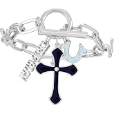 True Religion Cross Horseshoe Link Toggle Bracelet, Silvertone/Blue