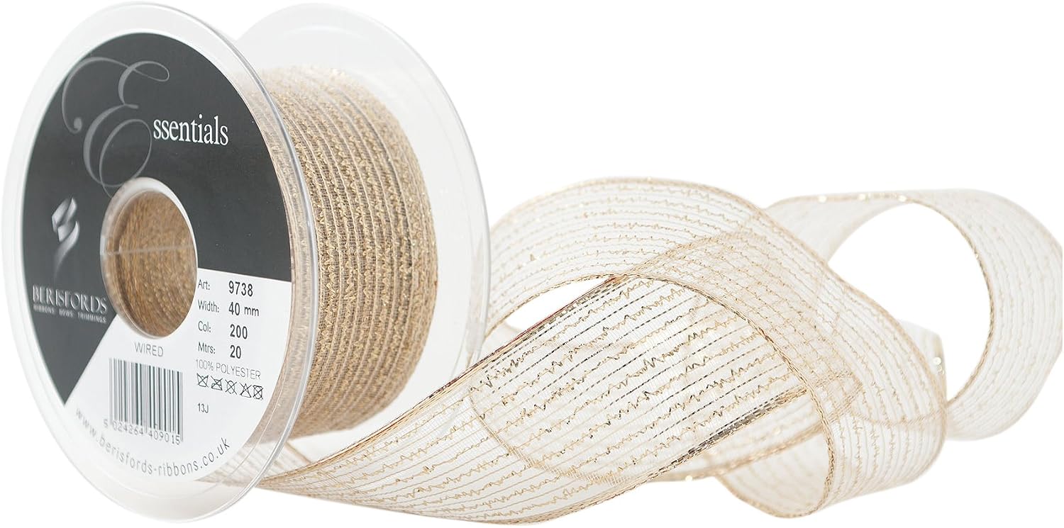 Berisfords 40 mm Wired Tinsel Mesh Ribbon, Gold, 9738-G-40