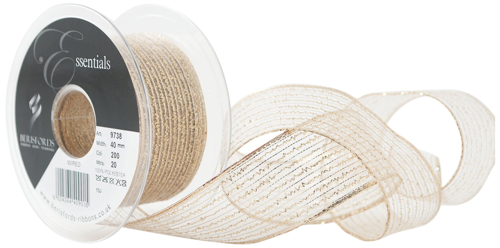 Berisfords 40 mm Wired Tinsel Mesh Ribbon, Gold