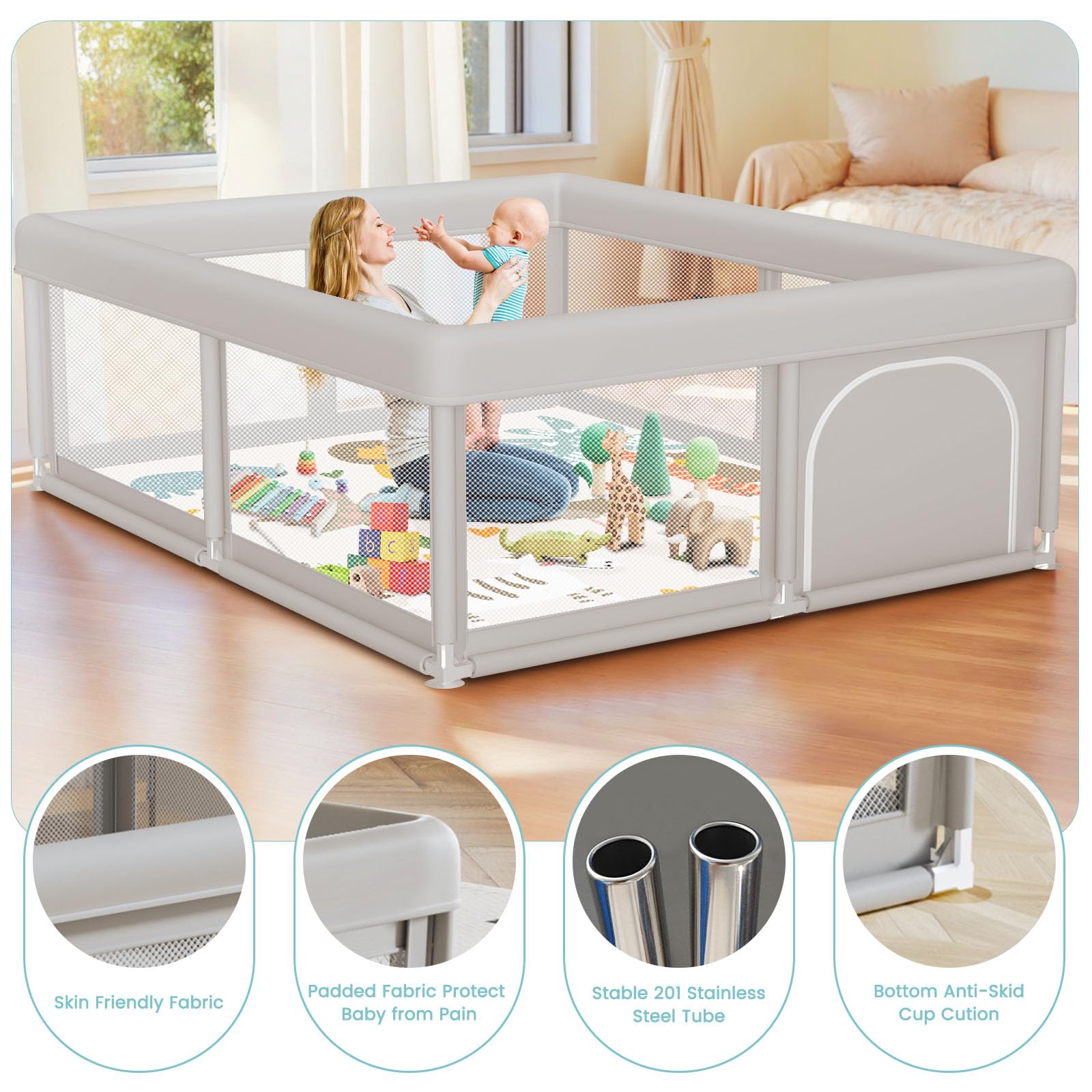 Baby Playpen with Mat 50x50 Inch, Play Pen for Babies and Toddlers with Gate, Baby Fence Sturdy Safety Playpen, Indoor & Outdoor Kids Activity Center